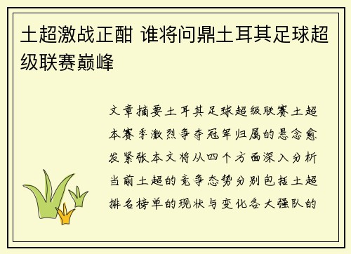 土超激战正酣 谁将问鼎土耳其足球超级联赛巅峰 土超激战正酣 谁将问鼎土耳其足球超级联赛巅峰