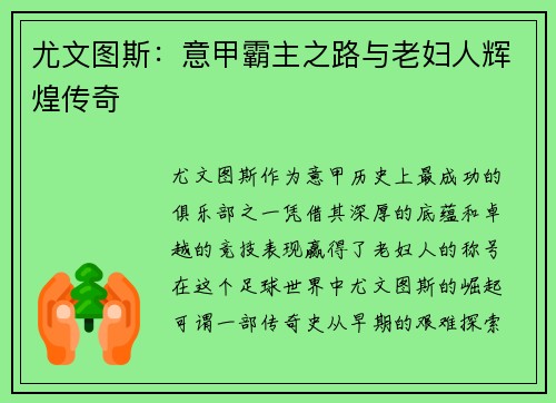 尤文图斯:意甲霸主之路与老妇人辉煌传奇 尤文图斯:意甲霸主之路与老妇人辉煌传奇